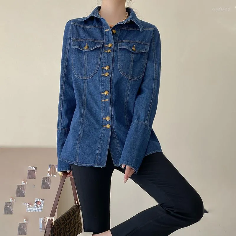 Damesjassen retro zak met lange mouwen denim shirt voor vrouwen met een gevoel van niche-ontwerp in donkerblauwe tops lente en herfst