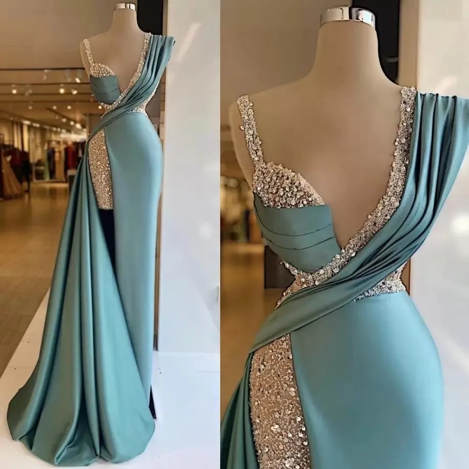 2023 bleu ciel clair paillettes scintillantes côté fendu sirène robes de soirée cristal longues robes de bal formelles sur mesure, plus la taille Pageant Party Wear