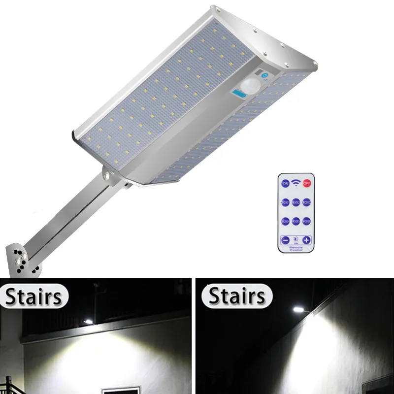 Farola solar 96LEDs 300LEDs 1800lm Sensor de movimiento PIR de doble cara impermeable Iluminación exterior 6 modos de trabajo con control remoto