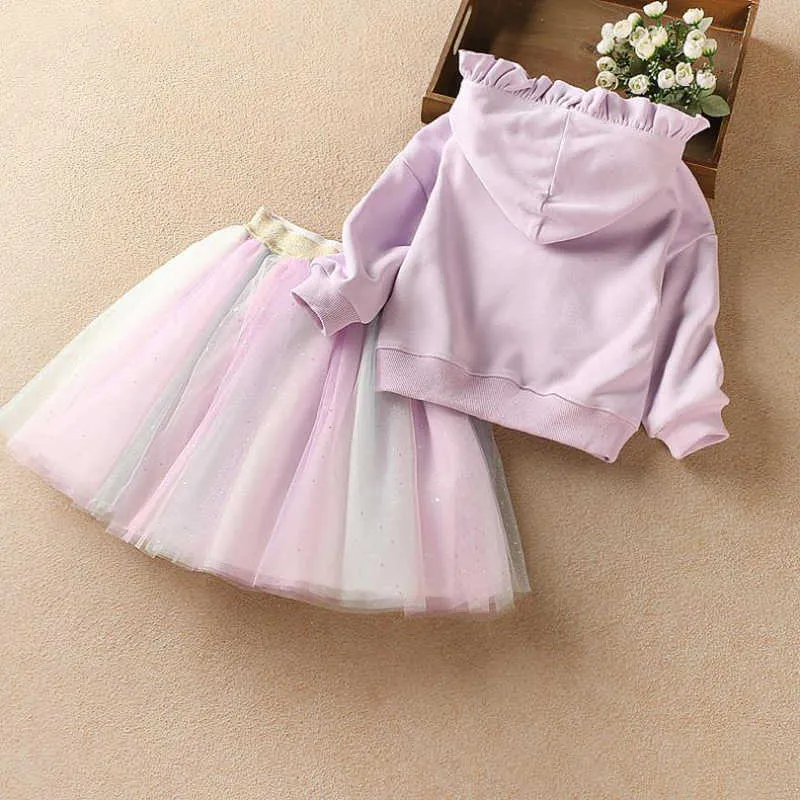 Cute Long Sleeve HoodiewithSkirt 2Pcs Baby Girl Clothing Sets Christmas Party Mesh Tutu Princess Girls Skirt Suits