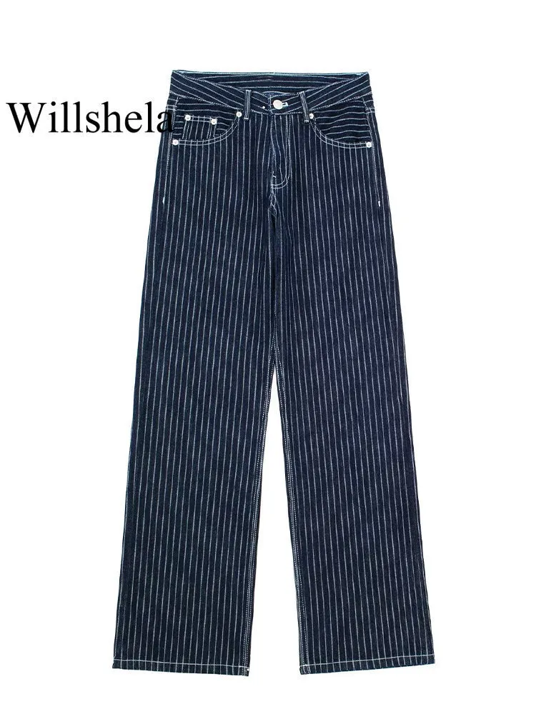 Женские джинсы Willshela Женская модная джинсовая ткань темно -синие полосатые брюки передней молнии Винтажные женские талию шикарные брюки с шикарными ногами 230330