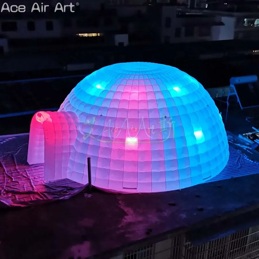 8m diameter LED upplyst uppblåsbar kupoltälthändelse igloo skydd med färgglada belysningar en dörr för mässa eller fest