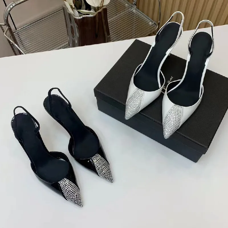 2023 새로운 디자인 신발 여성 포인트 발가락 샌들 특허 가죽 물건 발 뒤꿈치 발목 버클 zapatillas mujer sling back 섹시 펌프