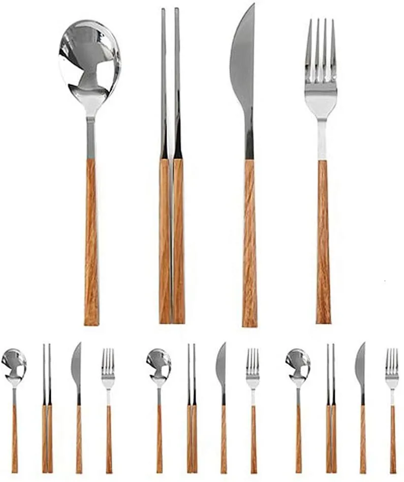 Geschirr-Sets 16-teiliges Holzimitat-Geschirr-Set Koreanisches Essen, Messer, Gabel, Löffel, Essstäbchen, Holzgeschirr-Set 230331