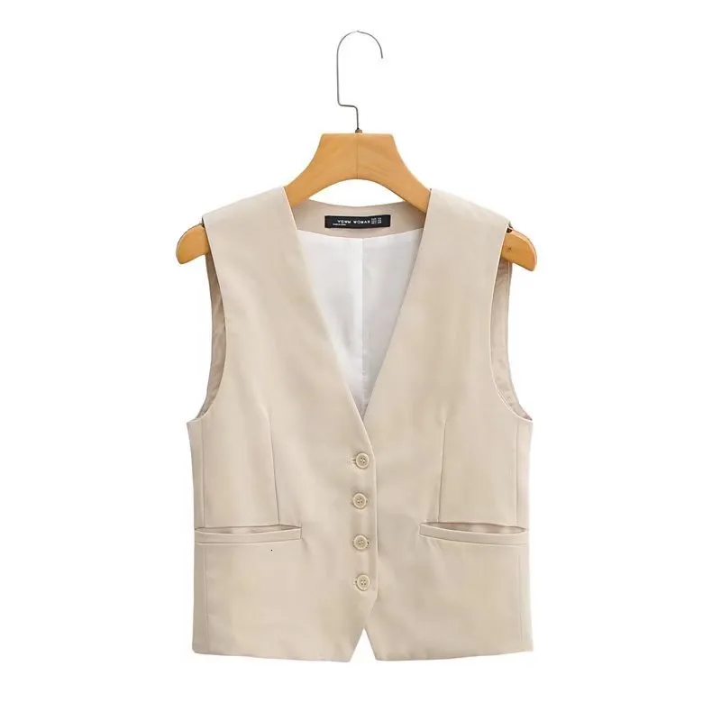 Damesgeul Lagen ZEVITY Women Fashion V Neck Zakken met enkele borsten Slim Vest Jacket Dames Mouwloze informele zakelijke waistcoat Tops CT1117 230331