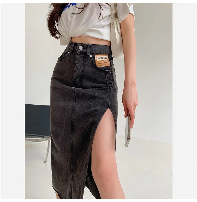 XS-XL Vintage Long Denim Skirt 2023 korean style High Waist A Line