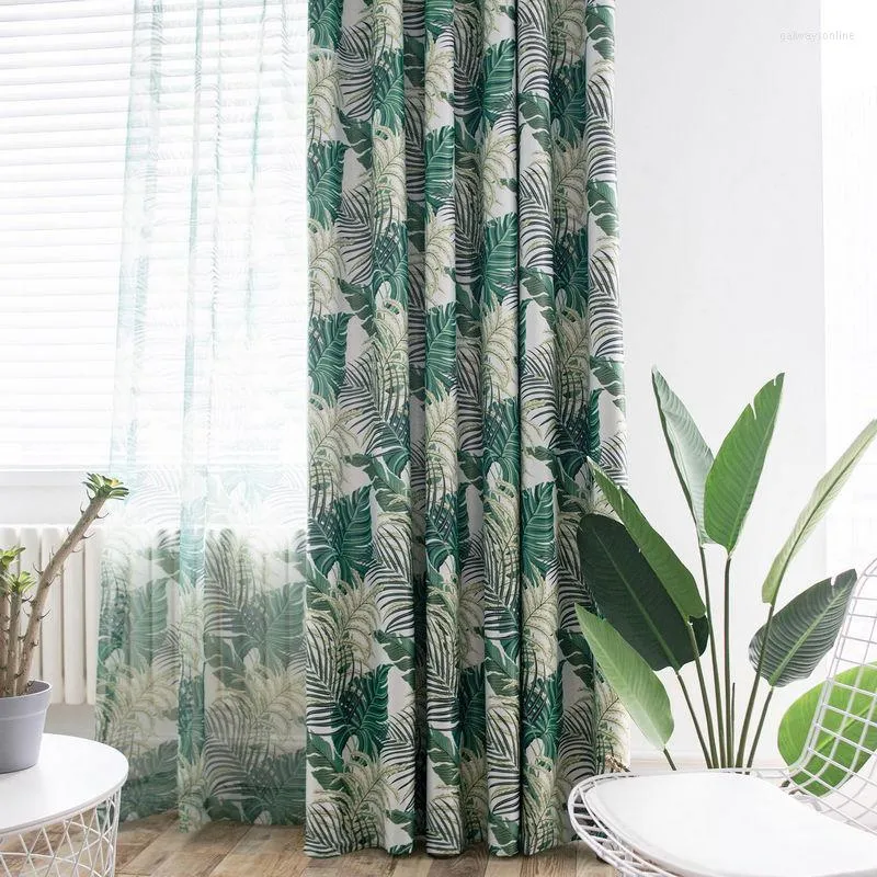 커튼 현대 패턴 열대 인쇄 커튼 거실을위한 녹색 잎 열대 우림 얇은 명주 그레이프 블랙 아웃 속도 85%