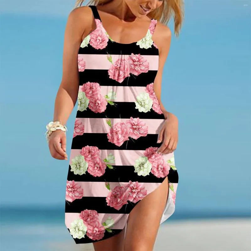 Casual Dresses Flower Floral Stripe Beach Dress 3D Printed Robe Woman Formell ärmlös Summer Semester strandkläder sexig tjej sundress