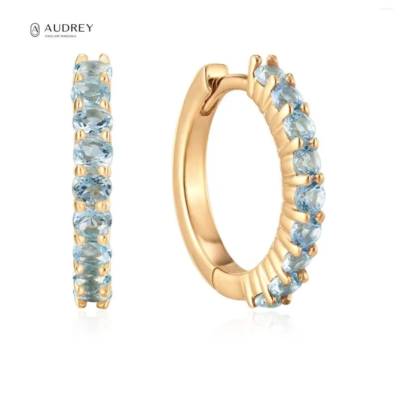 Hoop Earrings Audrey Personalized March Birthstone Aquamarine Stone Natural Jewelry Real 14k Solid Gold Small Huggie Earring For Women