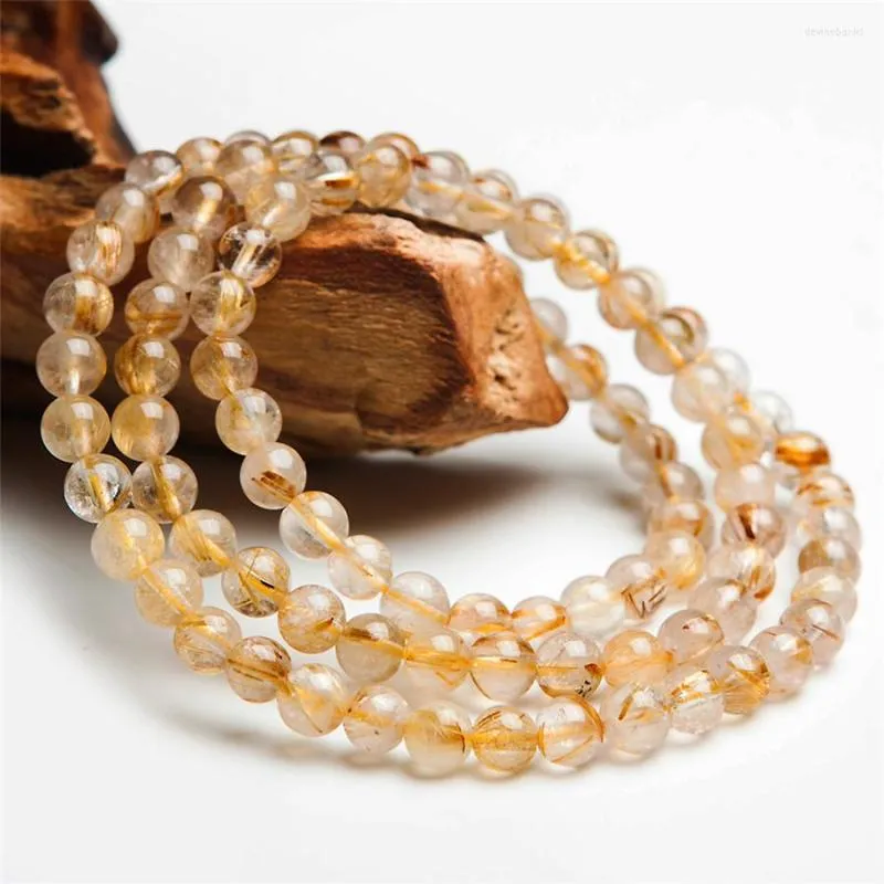 Strand 6mm Pulsera de cuarzo rutilado natural Tres vueltas Stretch Crystal Round Bead Woman Lady