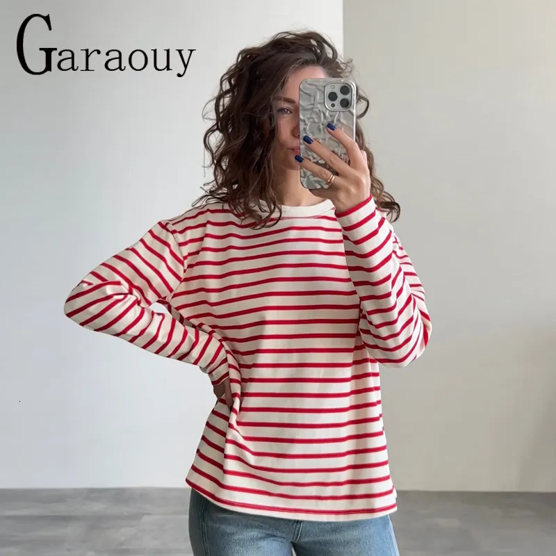 Damen T-Shirt Garaouy Herbst Übergroßes gestreiftes T-Shirt Rundhalsausschnitt Lange Ärmel Lose Pullover Tops Mujer Wild Tee Einfache Bluse 230331