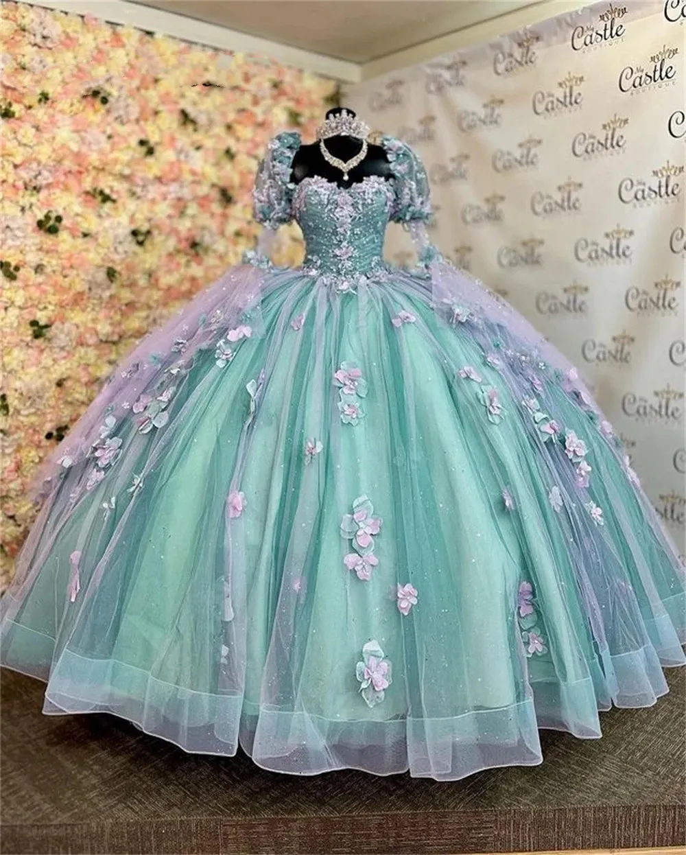 Light Blue Quinceanera Dresses O-Neck Long Sleeve Lace Sequined Flowers Sweet 16 Ball Gown Tulle Party Princess,DS4411