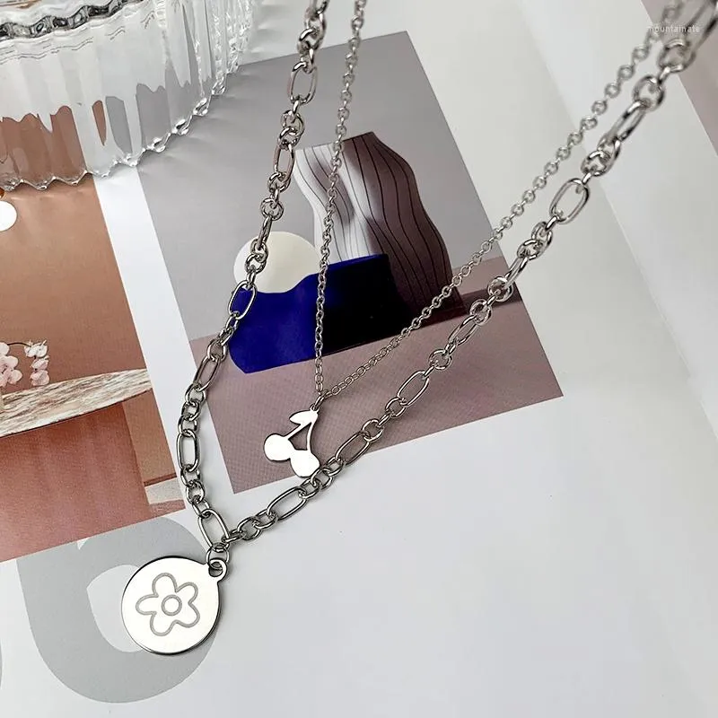 Anhänger Halsketten Titan Stahl Halskette Für Frauen Kirsche Blume Doppelt Stapeln Kette Hiphop Modeschmuck Korea