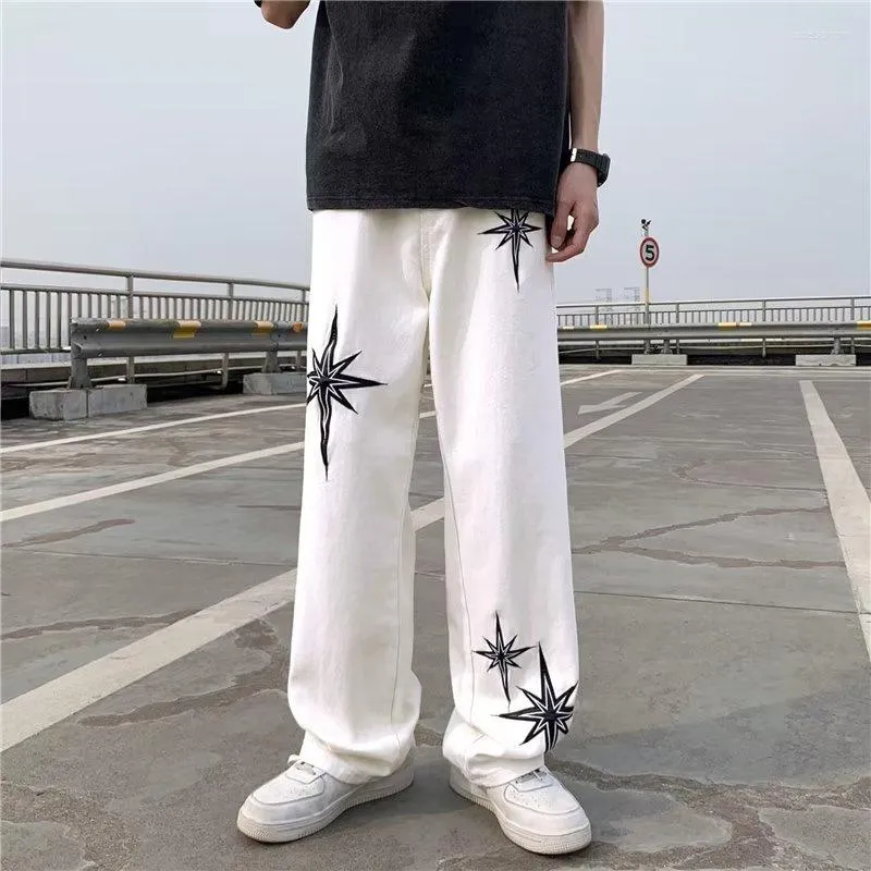 بنطلون جينز للرجال 2023 طراز Vibe Star Embroidery White مستقيم من الرجال السراويل السراويل y2k ملابس الشارع الهيب هوب السراويل الطويلة