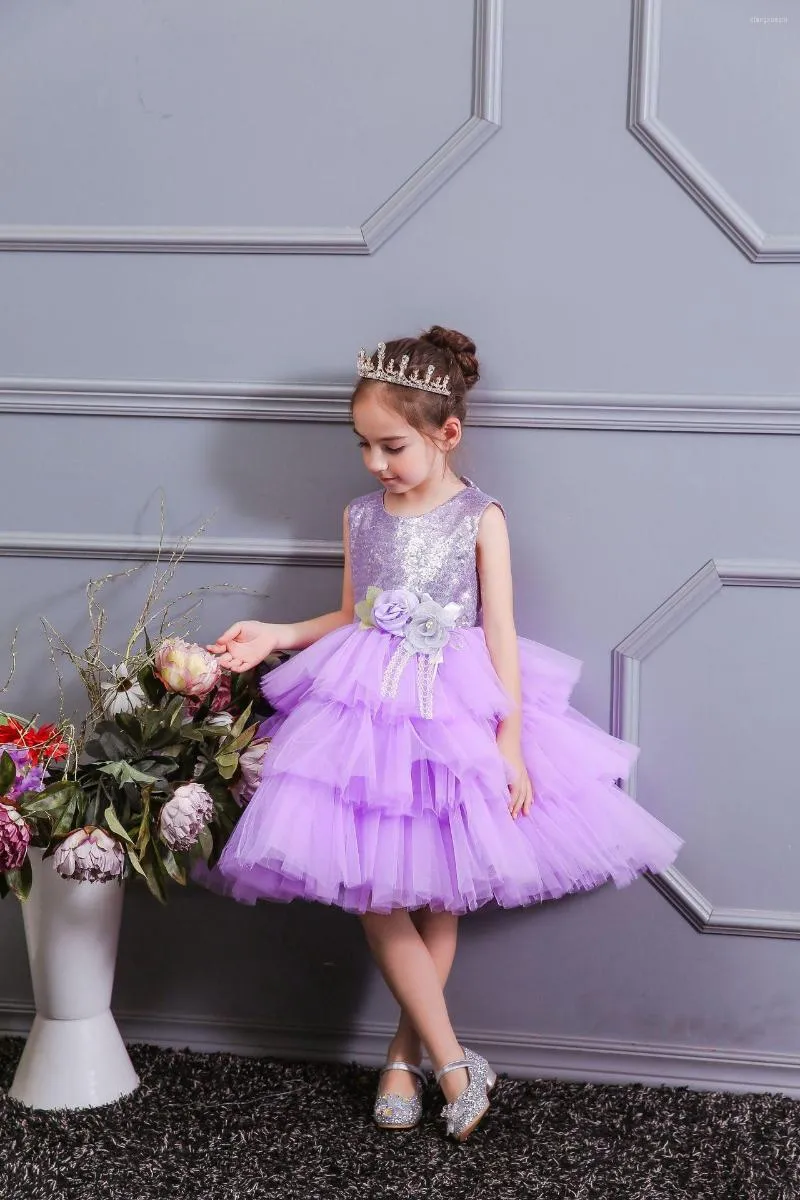 Girl Dresses Elegant Sequins Party For Weddings Princess Ceremony Short Kids Evening Purple Tulle Cake Flower Dress 2023