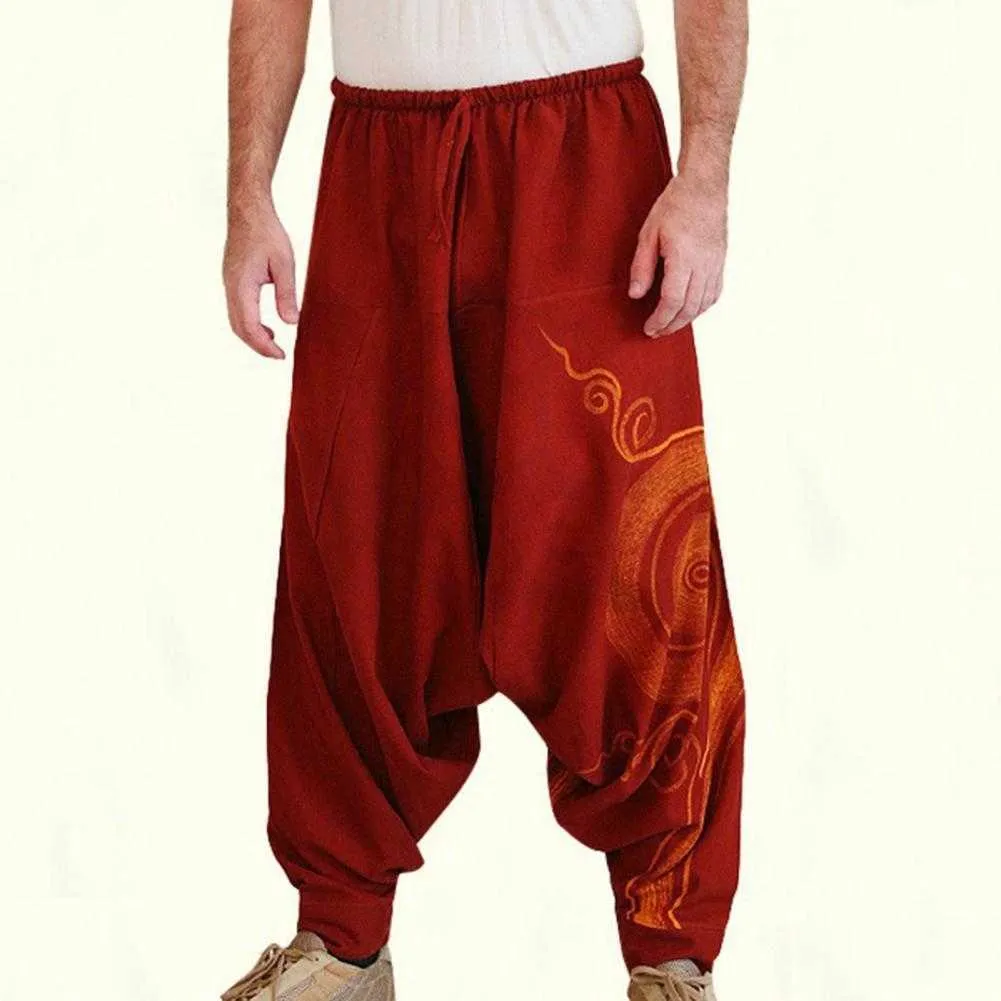 Calça masculina de cintura elástica casual masculina Hippie yoga harém Homem homem folggy hippie boho cigano aladdin hippie boho calça w0325