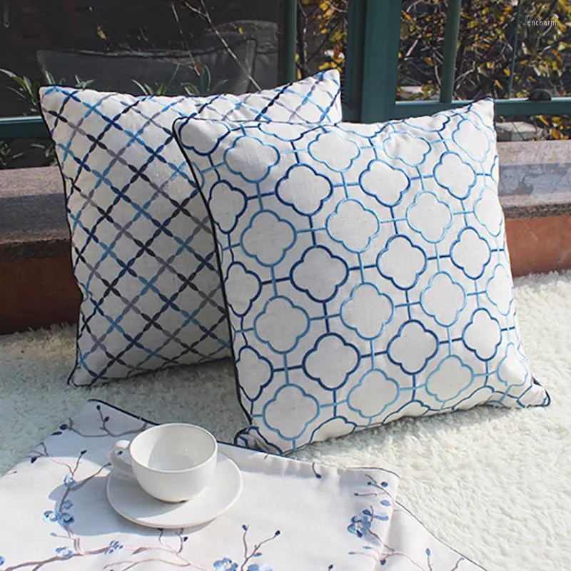 Kussen geborduurd geometrische cover decoratieve kast simpel Chinees blauw coussin moderne thuiskantoor bank deco