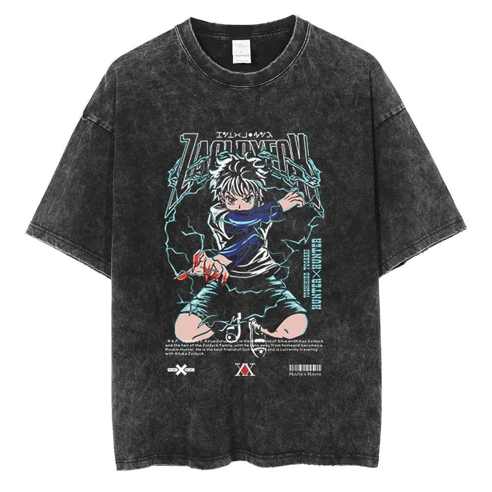 sアニメハンターx TシャツキルアZoldyck洗浄100個の綿Tシャツの男性ルースY2Kベスト夏半袖シャツ230330