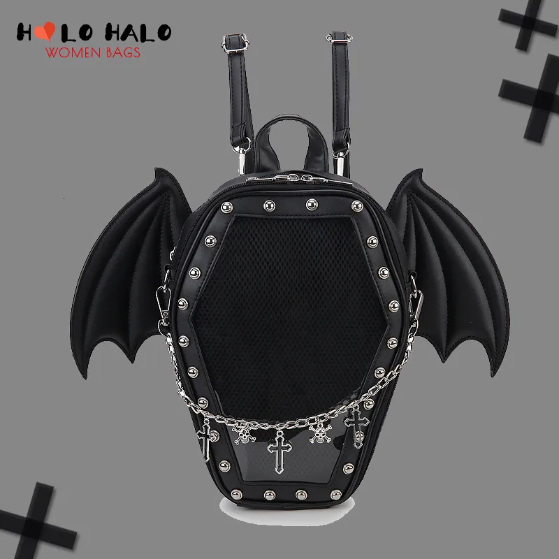 Sacos de noite Bat Asas Ita Mochila Esmalte Pin Display Ombro Goth Collector Feminino Pequeno Claro Escola Punk Bolsa 230331