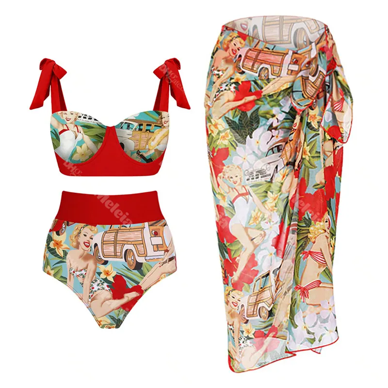 Costume da bagno imbottito da spiaggia Abito lungo rosso per le vacanze Bikini estivo Set da tre pezzi Costume da bagno push up sexy