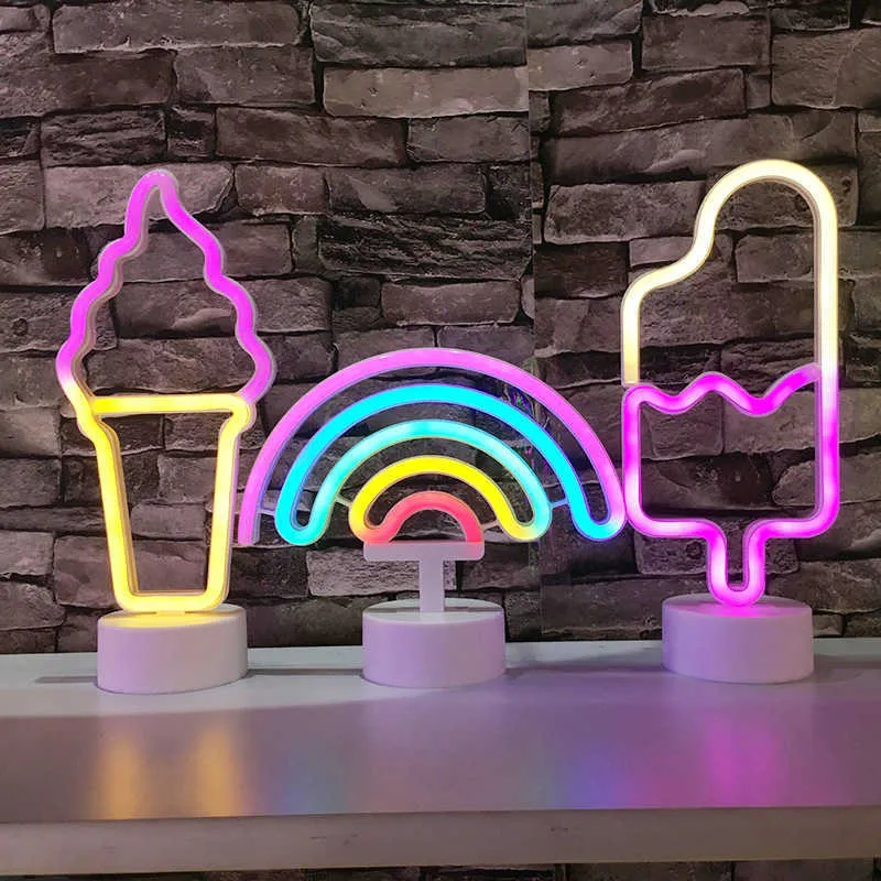 Nocne światła USB Neon Znak LED Lody Rainbow Lampa światła do sypialni na zewnątrz bateria oparta na girlandach ślub świąteczny wystrój P230331