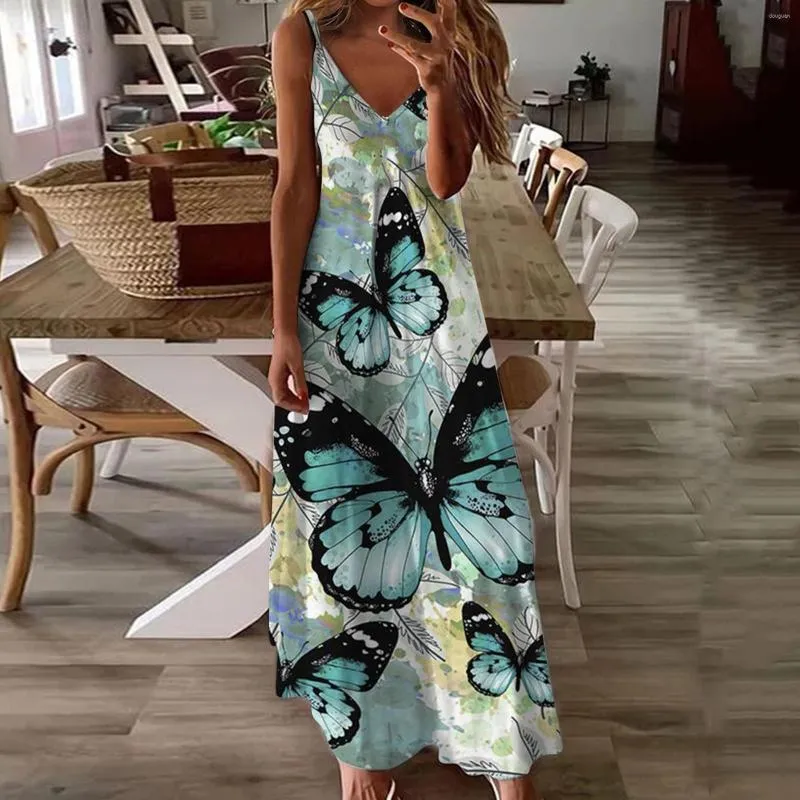 Casual Dresses Women Plus Size Printed Dress Daily Loose Sleeveless Vintage Bohemian V Neck Elegant Maxi Summer