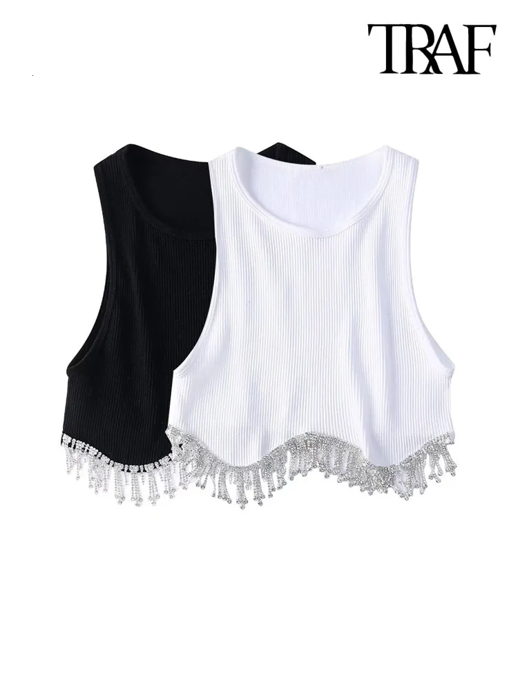 Débardeurs pour femmes Camis TRAF Femmes Mode Avec Gland Crop Côtelé Tricot Débardeurs Vintage O Cou Sans Manches Femme Mujer 230331