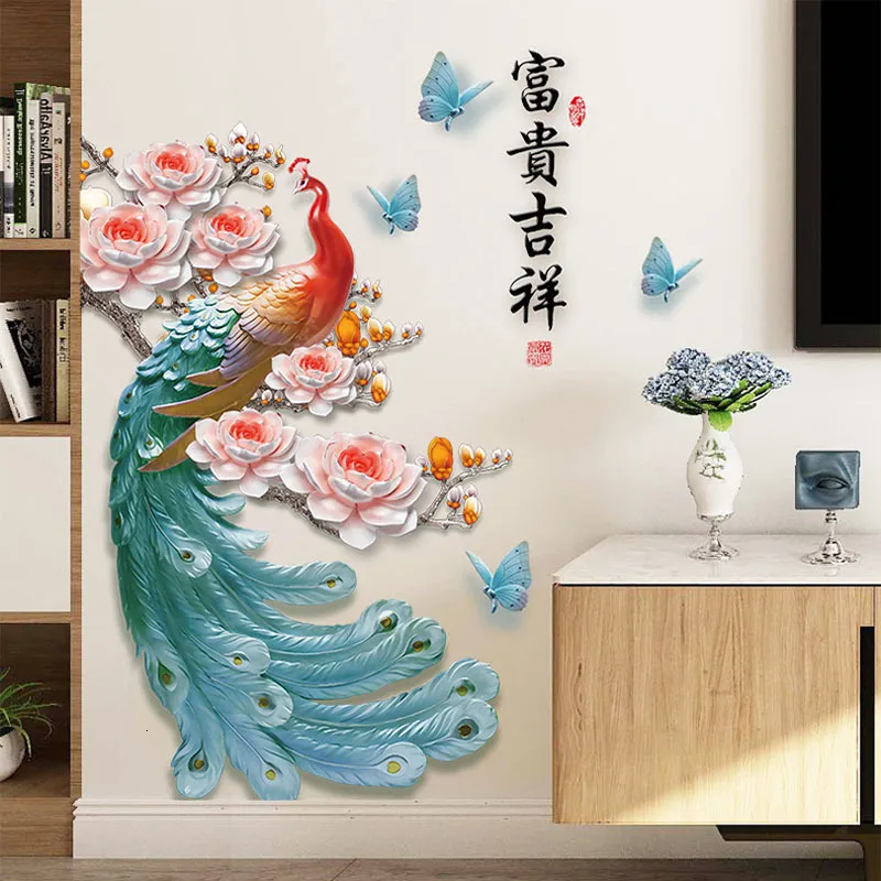 Autocollants muraux de style chinois colorés de paon décalage mural mural décoration de maison adedivo de paede art décalage 3d bricolage en vinyle décoration 230331