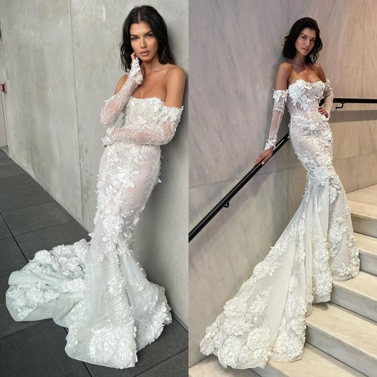 Abiti da sposa a sirena a maniche lunghe per la sposa Abito da sposa in pizzo con applicazioni floreali 3D Abito da sposa con bottoni sul retro