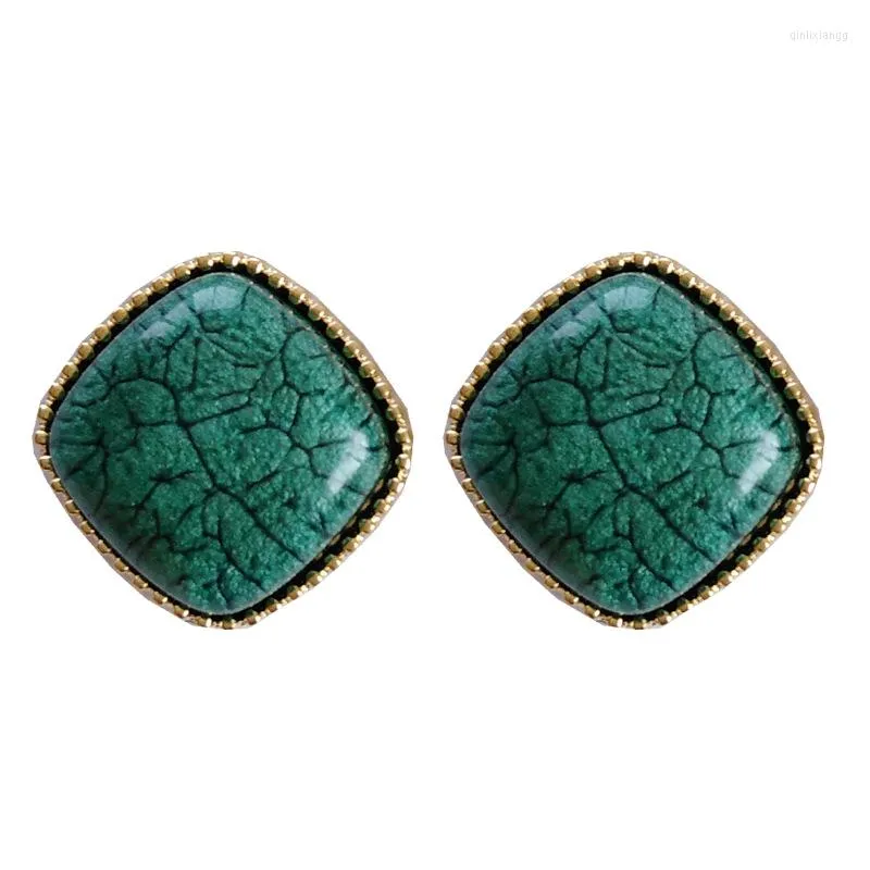 Dos Boucles D'oreilles Vintage Angleterre Cour Royale Carré Texture Simple Rhombique Vert Bleu Pierre Clip Sur Aucun Piercing Oreilles