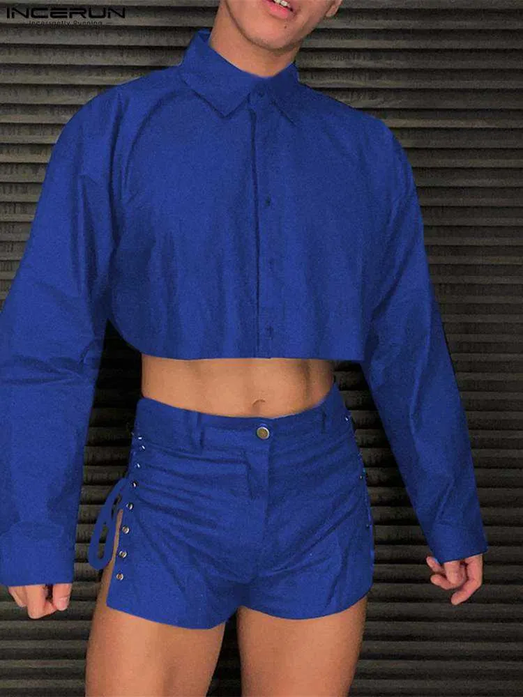 Männer Trainingsanzüge Mode Männer Sets 2023 Einfarbig Revers Langarm Crop Shirt Lace Up Shorts 2 STÜCKE Sexy Streetwear Männer Anzüge S-5XL INCERUN W0322