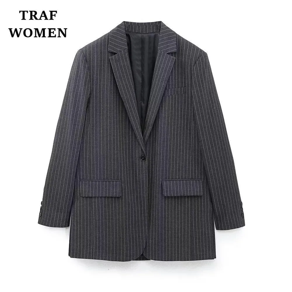 Damen Trenchcoats TRAF Mäntel 2023 in Nadelstreifen Büro Anzugjacke Revers Langarm Taschenknopf Klassische Damen Jacken Joker Mujer 230331