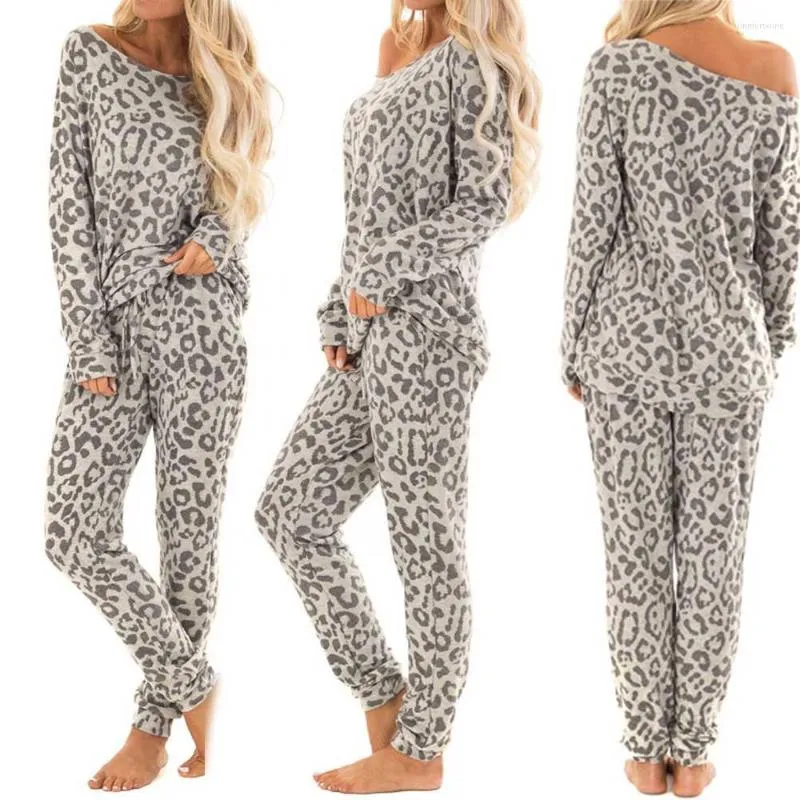 Dames Sleepwear Print Wear Tracksuit Sleep Pyjamas Nightie Women Tops Pyjama Lounge Pants 2pcs Leopard Autumn Loungewear Suit