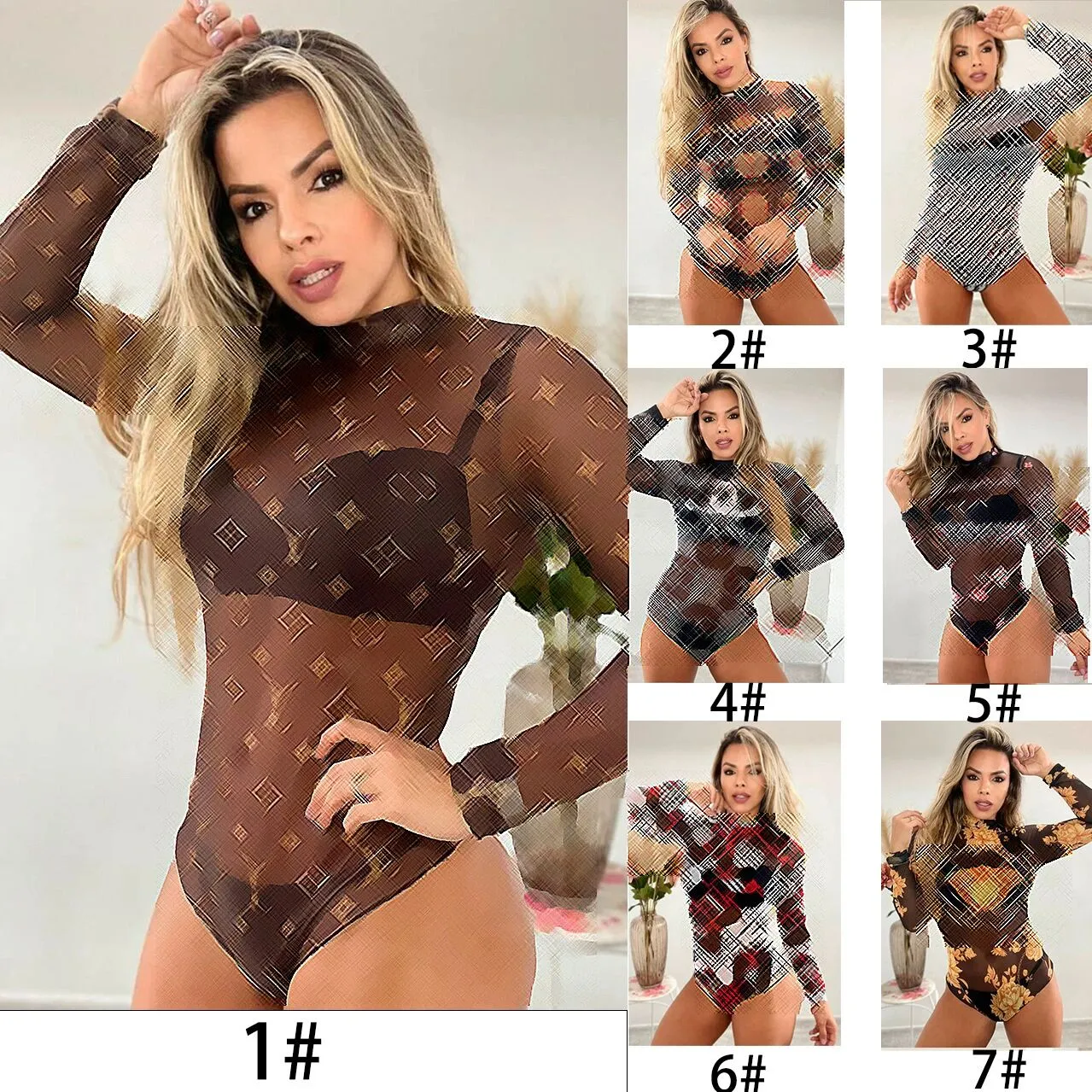 Dameszwemkleding groothandel DD7779 Hoge elastische zachte sexy perspectief temperament bedrukte mesh bodysuit