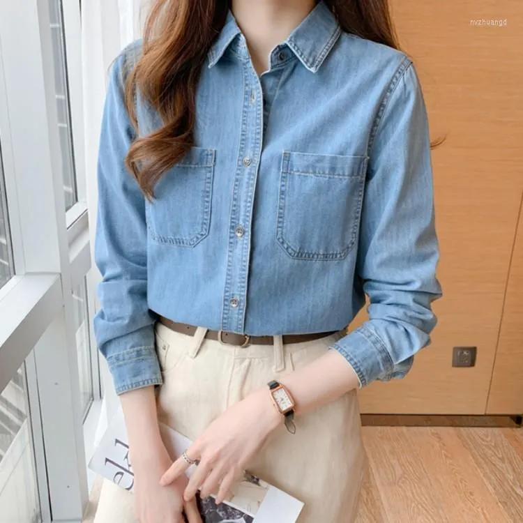 Blouses voor dames lente vintage denim losse casual blouse blouse femme koreaanse stijl vrouwen elegant mode shirt top vrouwelijke kleding
