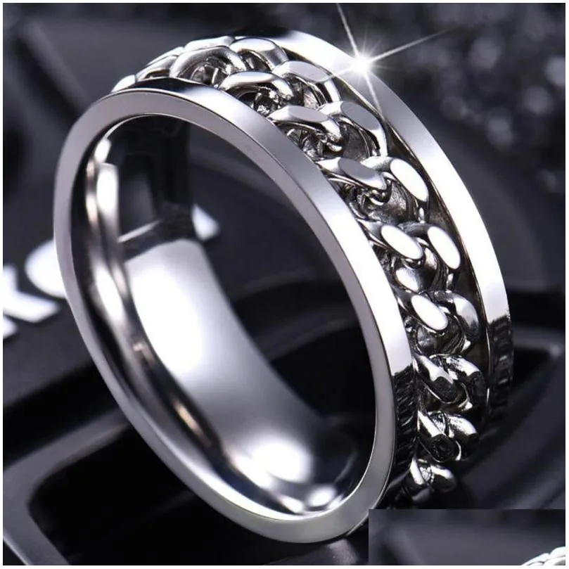 Band Rings New Arrival Stainless Steel Chain Rotating Ring For Men Women Personality Rotatable Hip Hop Design Round Valentin Dhgarden Dhal9
