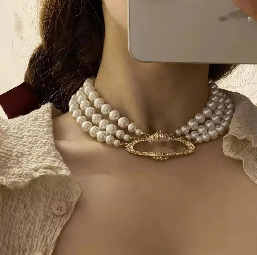 Multi Style Letter Necklace European och American Three Layer Pearl Full Diamond French Vintage Collar Chain Female