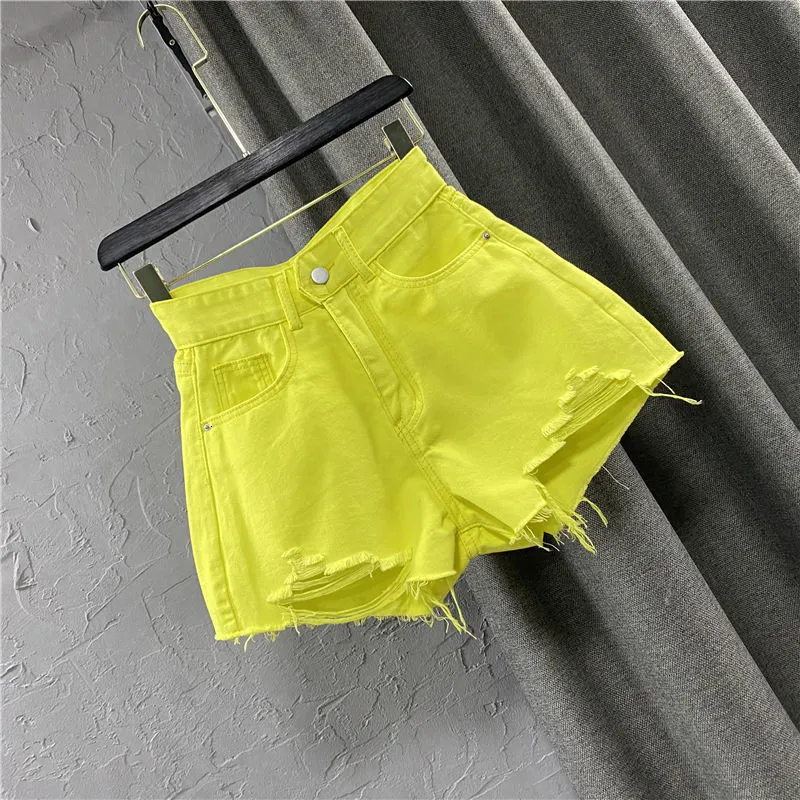 Damen Shorts Sommer Sexy Damen Candy Color Denim Shorts Mode Damen Grün A-Form Tear Jeans Shorts Korean Street Clothing 230331