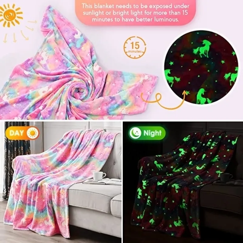 Coperta 11 Bagliore stellato nel buio Unicorno Regalo per bambini Compleanno Decorazioni per la camera da letto Unicorni Giocattoli Morbido e accogliente Tiro luminoso 230330