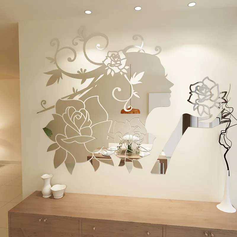 Väggklistermärken Flower Fairy Acrylic Mirror Wall Decal Paper Bedroom 3D Wall Decal Paper Living Room Home Decoration Diy Självhäftande vattentätt klistermärke 230331