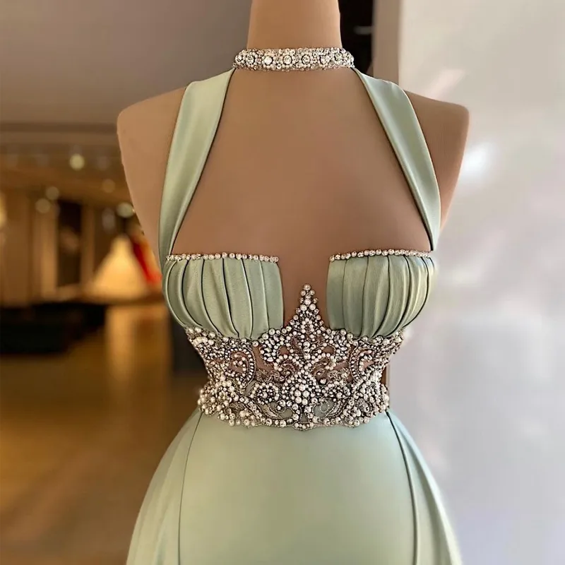 Arabic Green Mermaid Prom Dresses Elegant Sleeveless Halter Neck Soft Satin Beading Dresses Long Party Evening Gowns 0109