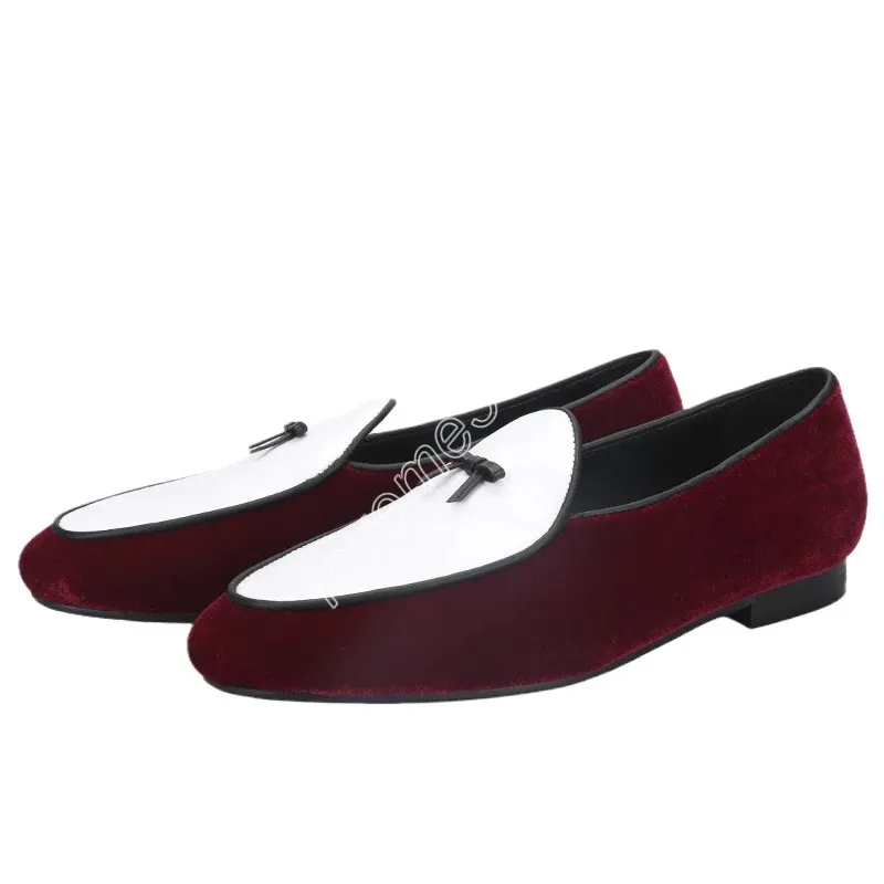 Dress Shoes 2023 Burgundy Velvet Patchwork White Cowhide Belgian Shoes With Leather Bow Tie Fashion Party Slip-On Men's Loafers