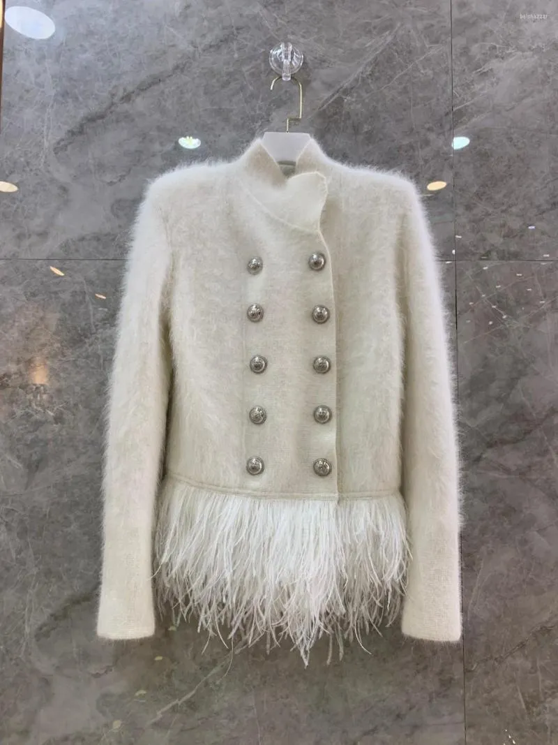 Women's Knits 2023 Fall Winter Women High Quality Luxury Ostrich Feathers Double Breasted Cardigans Female Chic Coat 2 Color Ddxgz2 10.09