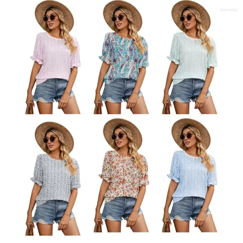 Kvinnors T-skjortor Kvinnor Summer Vintage Floral Printed Casual Loose T-shirt Ruffle Cuffs Puff Short Sleeve Crew Neck Pullover Top Bluses