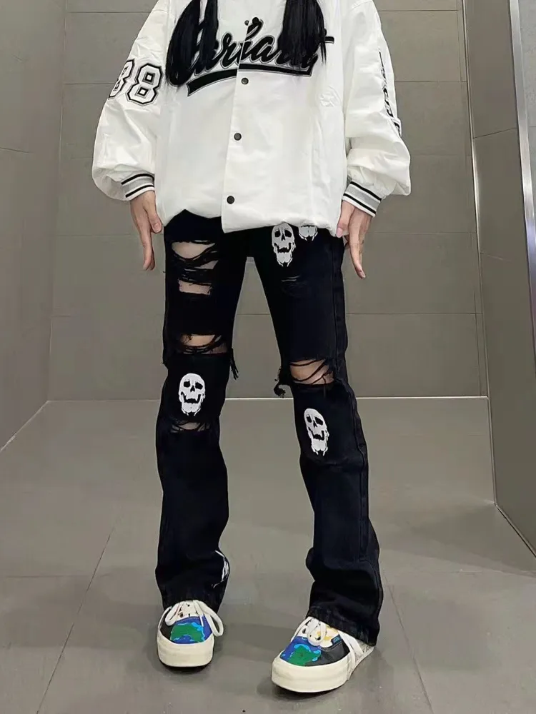 Women's Jeans Grunge Retro Black Pants Hollow Out 80s Aesthetic Vintage Gothic Streetwear Skull Blue Distressed Denim Trousers 230331