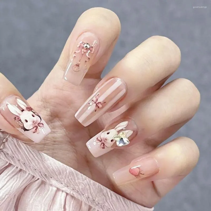 Falska naglar brittisk stil balett rosa söt tecknad mönster falsk bärbar 24st tryck på charm design nagelips