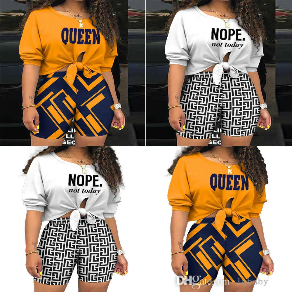 New Women Tracksuits 2023 Summer Fashion Sweatsuits Geometric Printed Short Sleeve Crop Top Shorts Two Piece Sets Casual Clothes For Ladies
