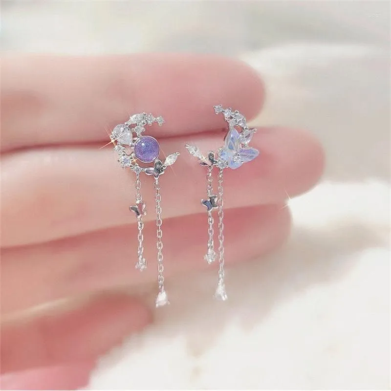 Studörhängen koreansk modekristallfjäril Drop Pearl Earring For Women Moon Tassel mycket Shine Zircon Party Jewelry Gift