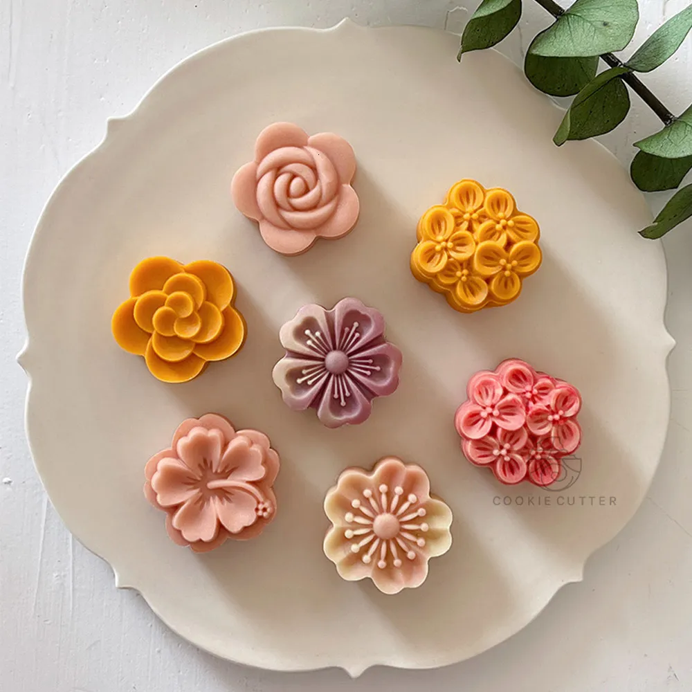 Bakformar midautumn festival Osmanthus 2075g Mooncake Mold 3D Flower Shaped Cookie Embnecers Stamp Fondant Cake Decoration 230331