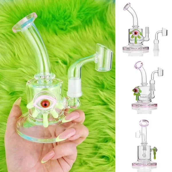 Pink Green Cute Eyes Hookahs Glass Bong Dab Rigs Alien Recycler Pipe Beaker Oil Rig 14mm macho Joint Banger Water Tall